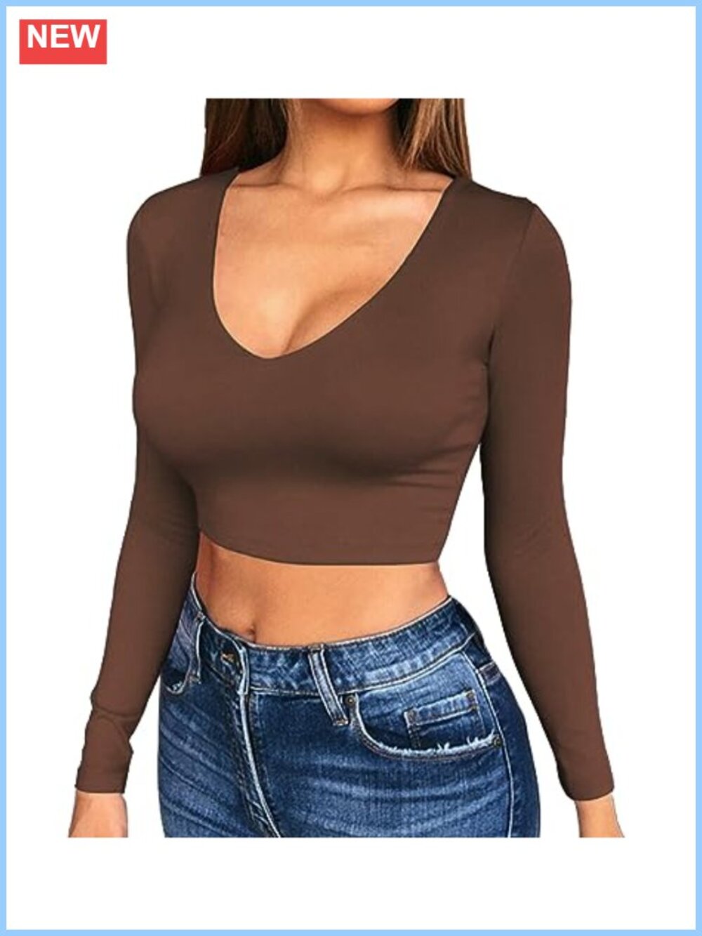 Long Sleeve Scoop V Neck Crop Top Fitted Jersey
